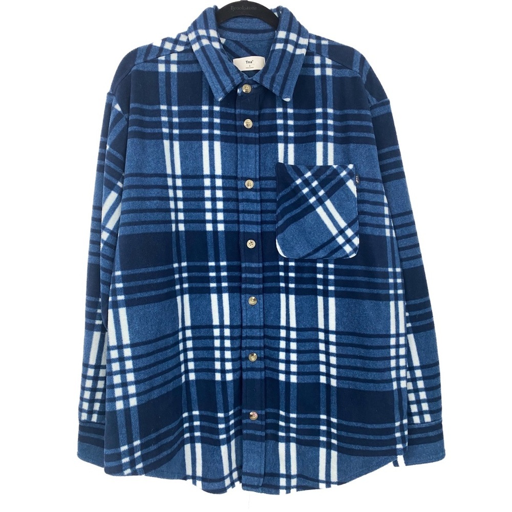 Aritizia Womens Shacket M Blue Plaid Polar Fleece Lumberjack Oversized TNA